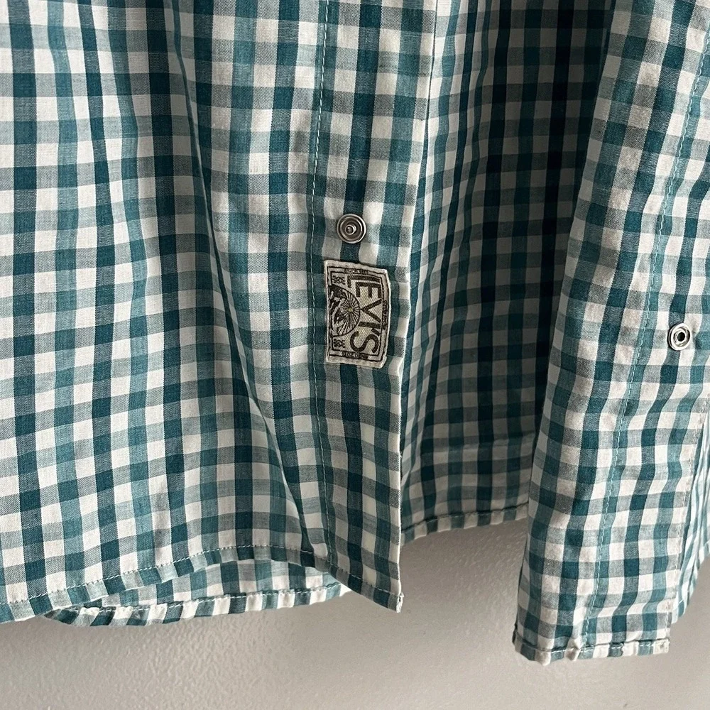 Levi's Men's Teal Gingham Plaid Check Pearl Snap Shirt Western Long Sleeve Large